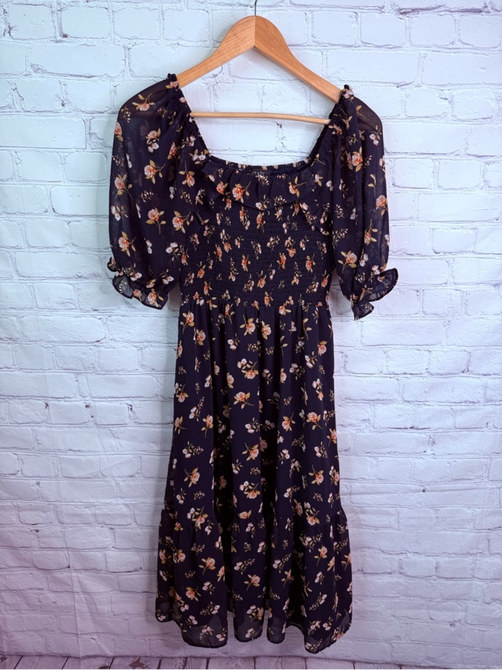 1 STATE Navy Floral Puff Sleeve Midi Dress Medium